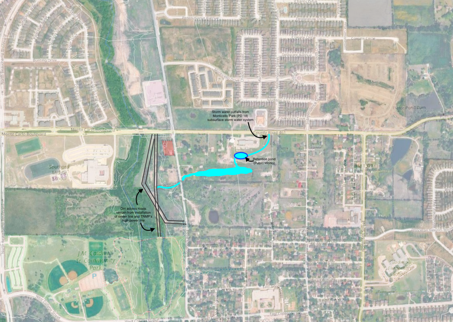 Annotated drainage flow map with highlighted paths and obstructions